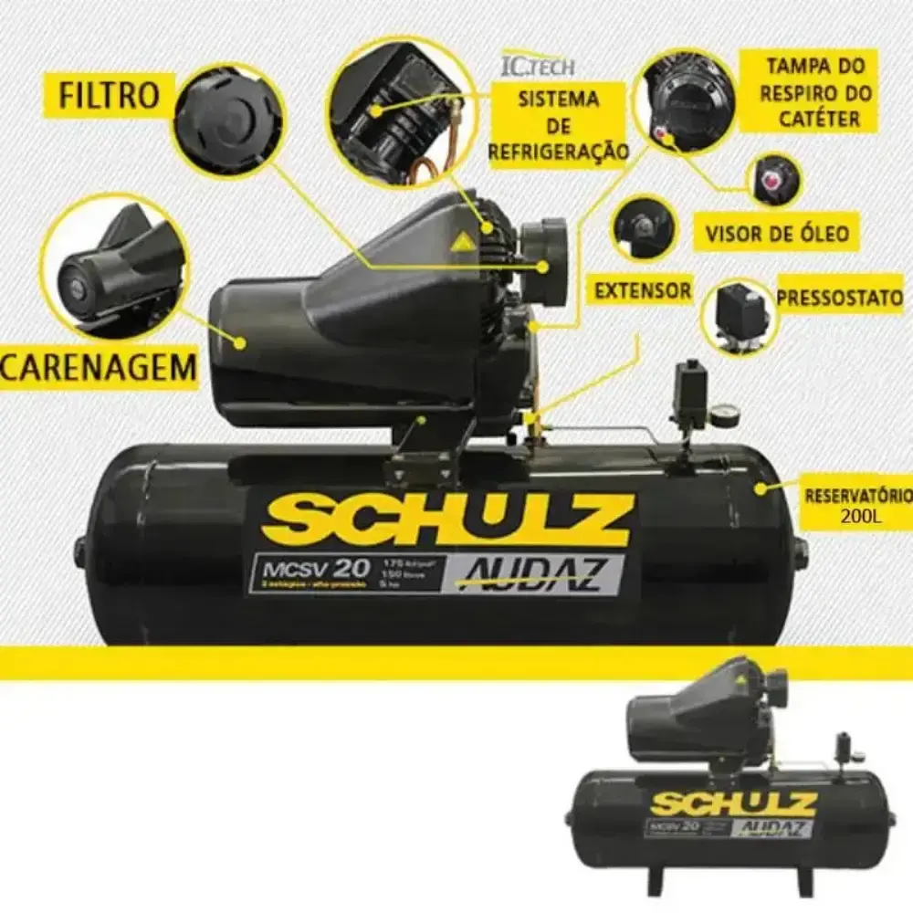 Compressor de ar 5,0 HP 20 pés 200 litros trifásico audaz mcsv 20/200 Schulz — fotografia 3