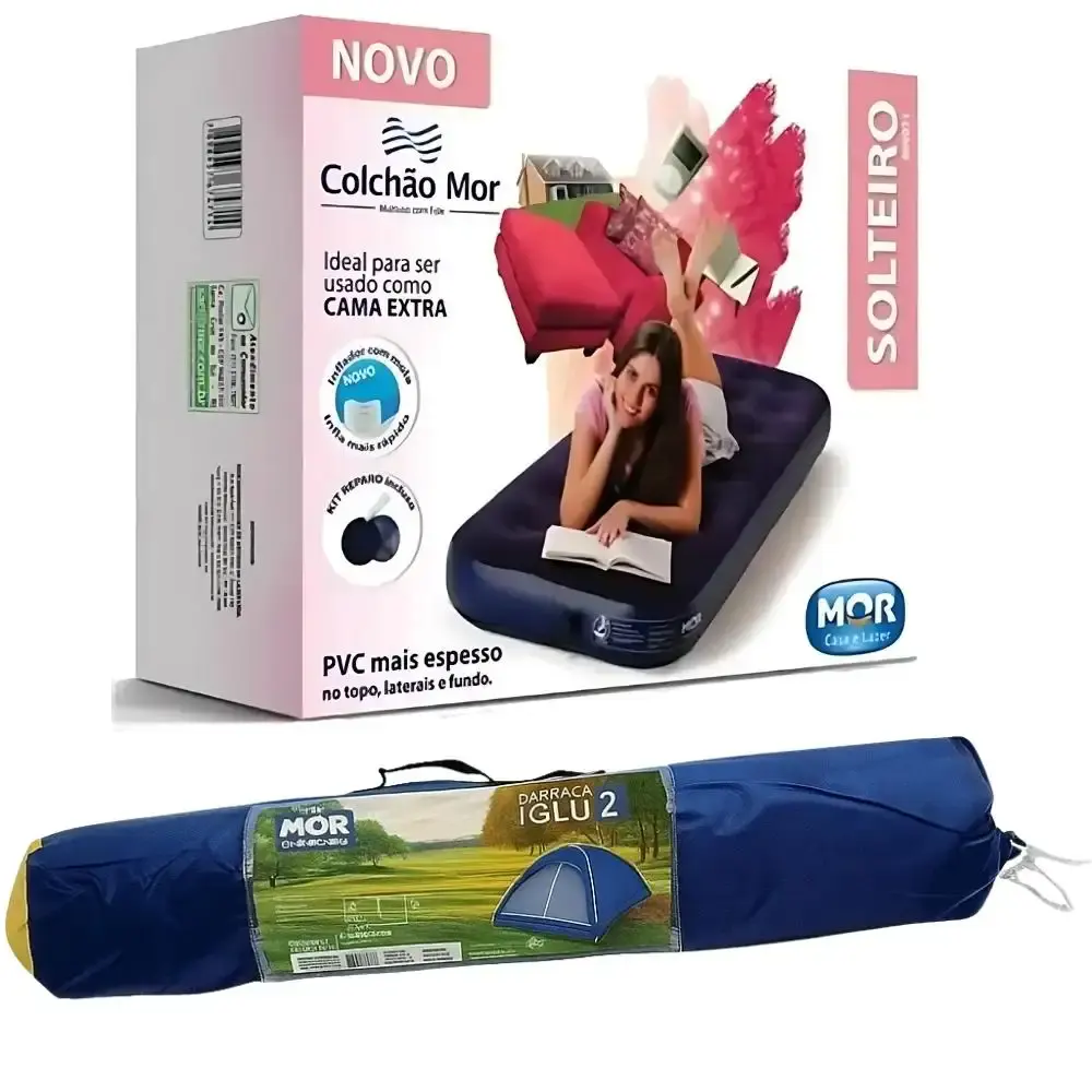 Barraca iglu para camping 2 pessoas azul com colchão inflável solteiro e inflador mecânico Mor — fotografia 2