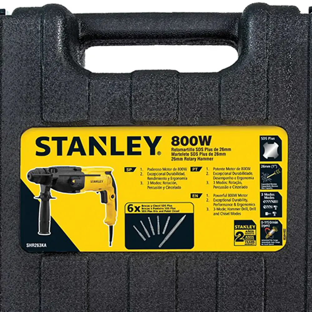Martelete sds-plus 800W 2,4 KG 26 MM com kit 5 brocas e 1 ponteiro SHR263KA Stanley 110 V — fotografia 6