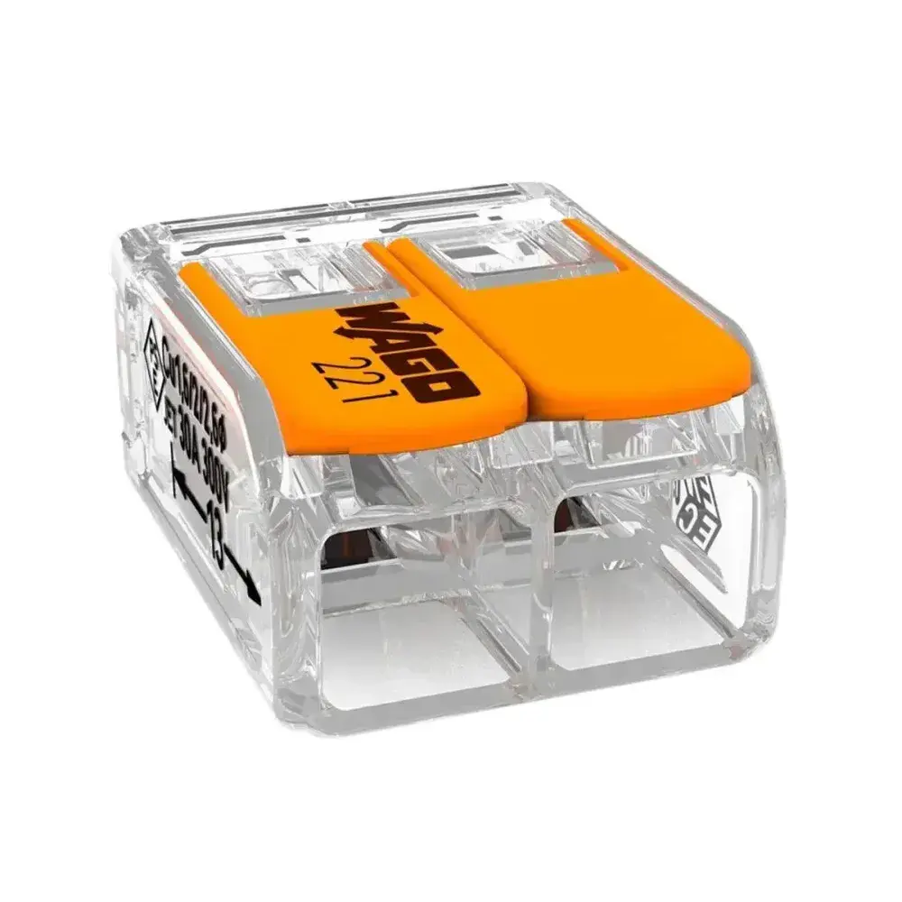 Conector emenda 2 polos elétrico 41A até 450W IP20 6MM 3 peç Wago — fotografia 2