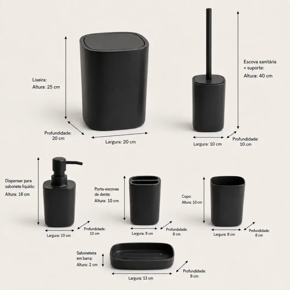 Conjunto de acessórios para banheiro kit com 6 peças minimalista luxo casa LYS Preto — fotografia 9