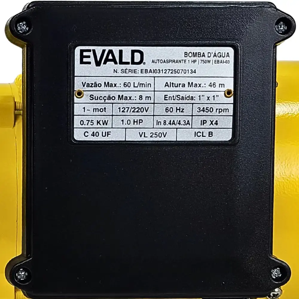 Bomba de água autoaspirante em inox 1CV 750W bivolt EBAI-03 Evald — fotografia 6
