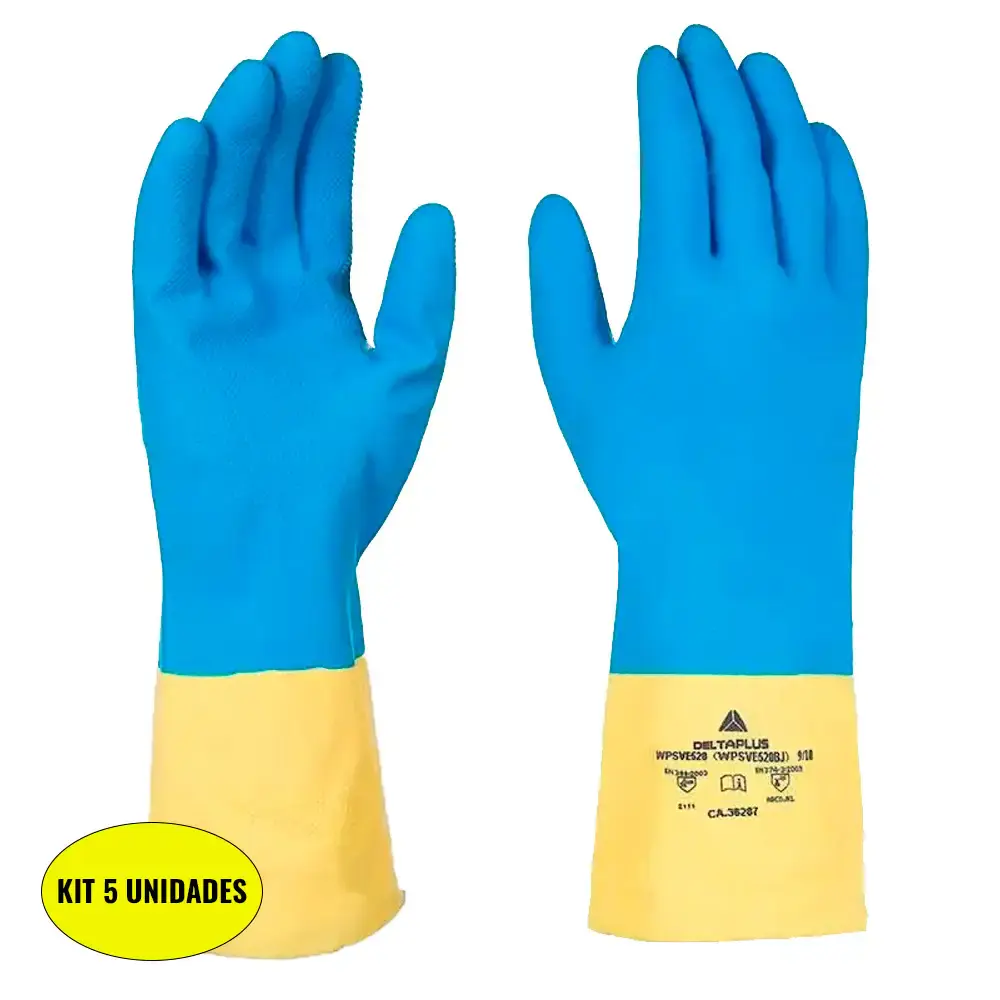 Kit 5 unidades luva de borracha latex para solvente bicolor banho de neopreme GG 260 MM delta plus