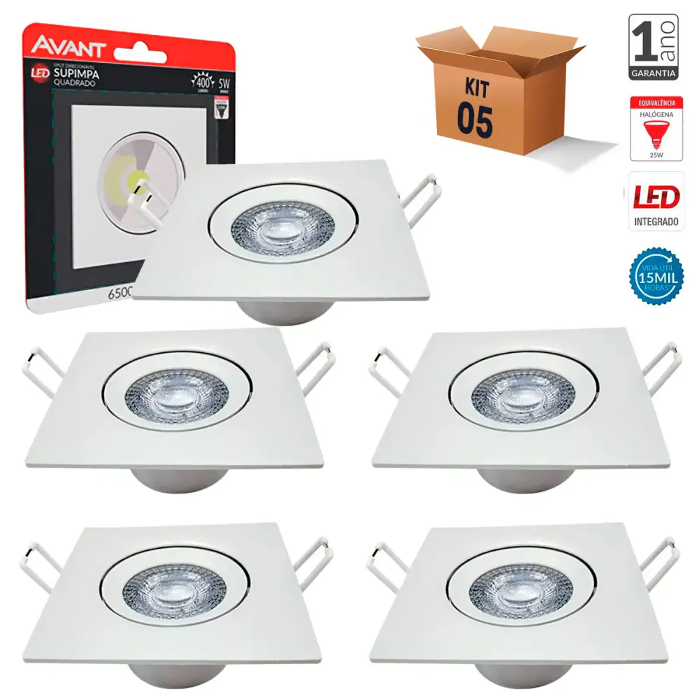 Kit spot led embutir supimpa 5W quadrado bivolt branca Avant