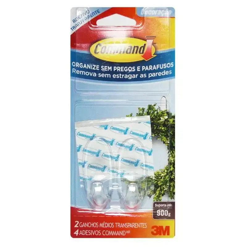 Gancho Plástico Transparente Médio p/ até 900gr c/ 4 Adesivos 3M — fotografia de referência