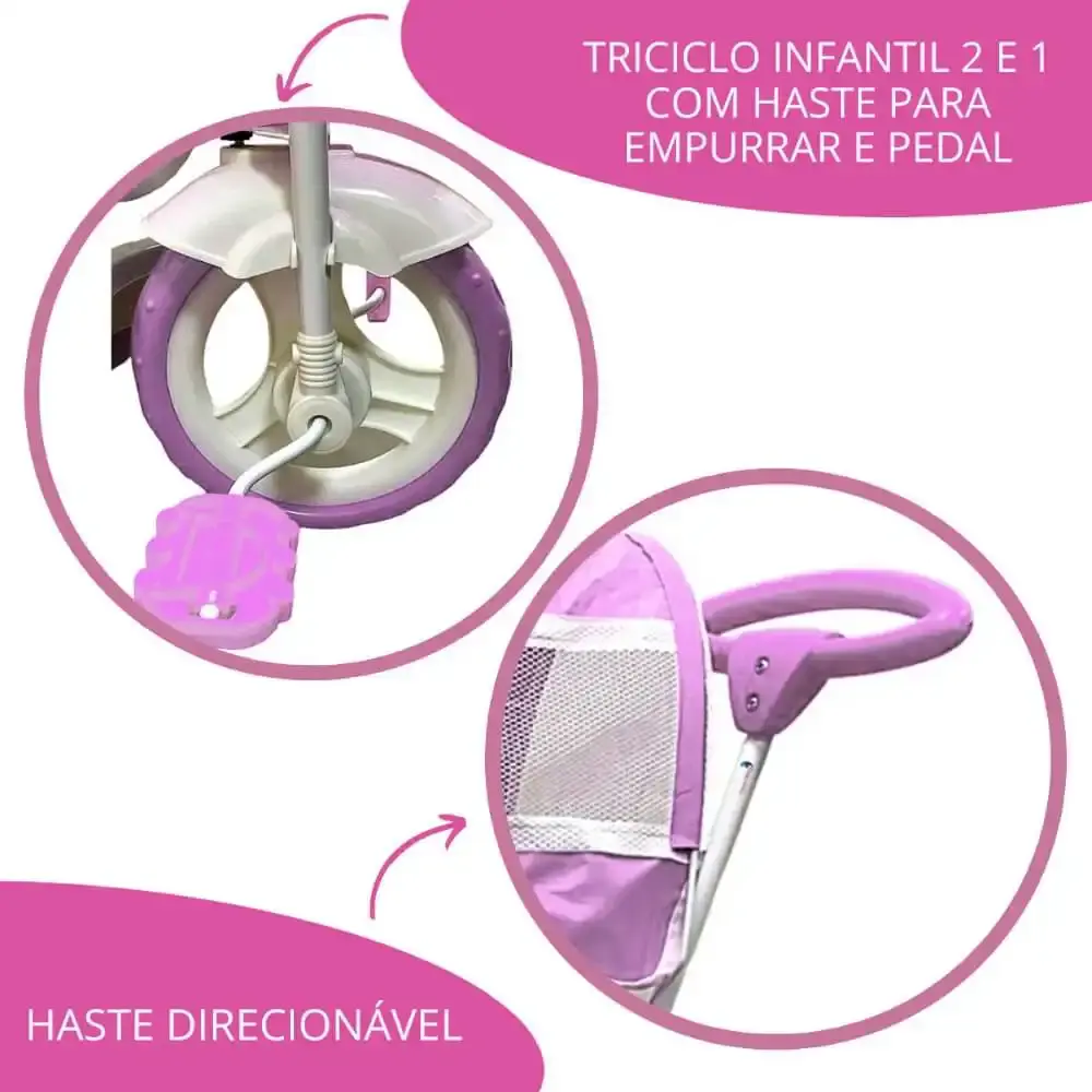 Triciclo motoca infantil passeio rosa com empurrador e cobertura BW003-R ImportWay — fotografia 5