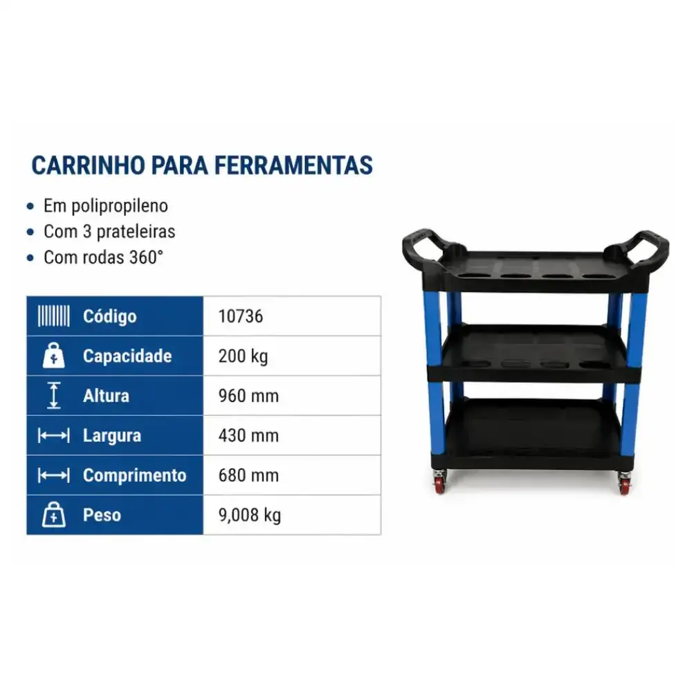 Carrinho para detalhamento automotivo com 3 prateleiras capacidade 200KG 10736 Bremen — fotografia 4