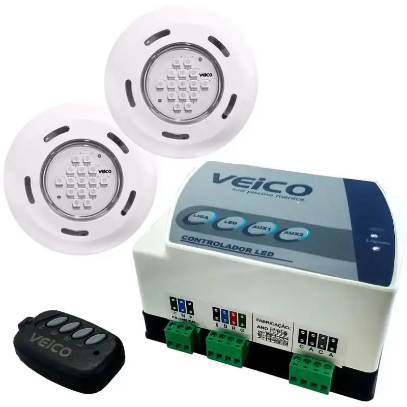 Kit 2 refletores LED + painel controlador 24W 2 saídas auxiliares para piscina veico Fluidra — fotografia de referência