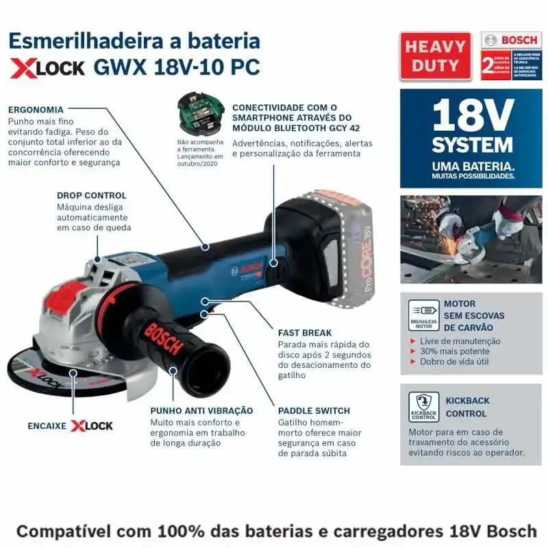 Esmerilhadeira Angular 18V 4.1/2 e 5 POL XLOCK 18V-10 PC Brushless s/ Carregador e Bateria BOSCH — fotografia 3
