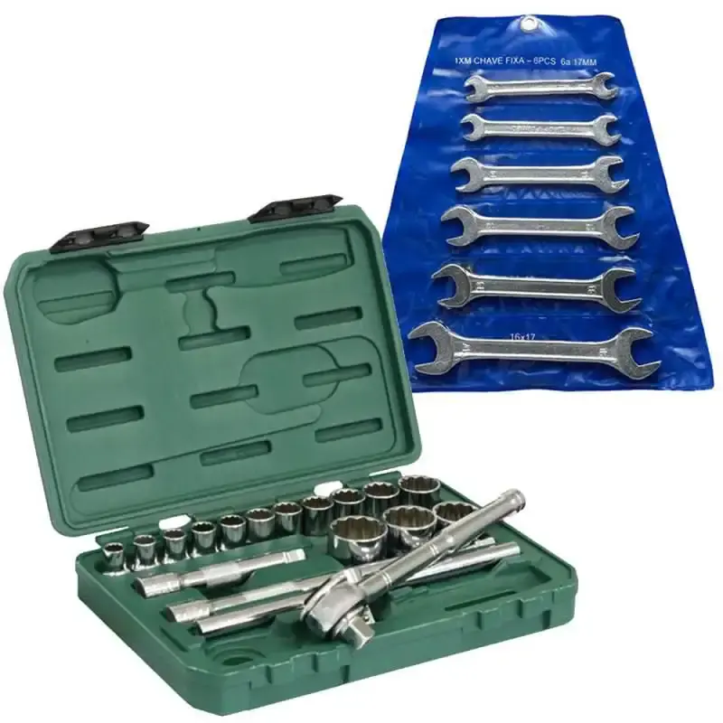 Jogo de Soquete 1/2 POL de 10 à 32 MM com 18 peças SATA + Kit Chave Fixa 6 à 17 MM EDA — fotografia 3