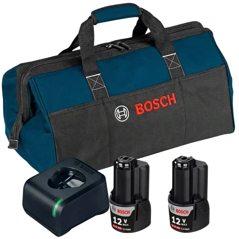 Bolsa para ferramentas média com 2 baterias 2,0AH 12V e carregador bivolt Bosch — fotografia de referência
