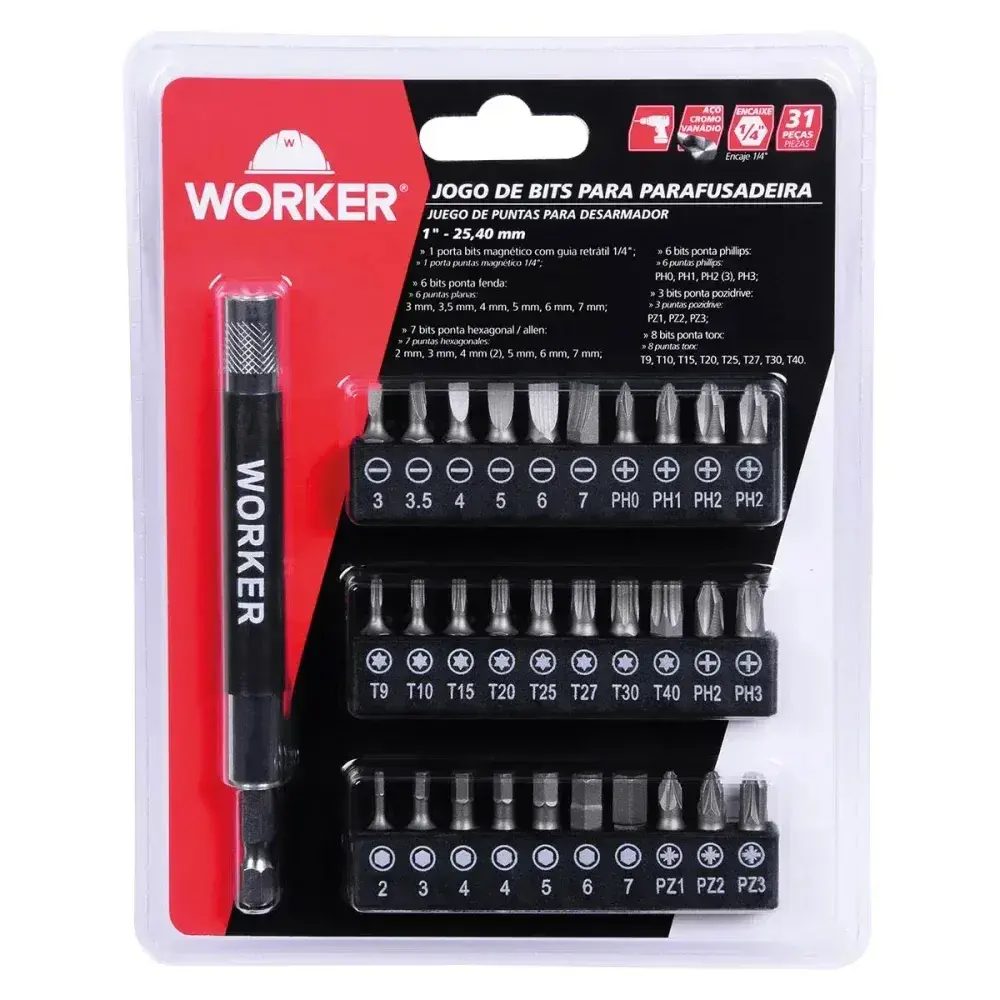 Jogo de bits para parafusadeira com 31PÇS 1” 25,40MM Worker — fotografia 4