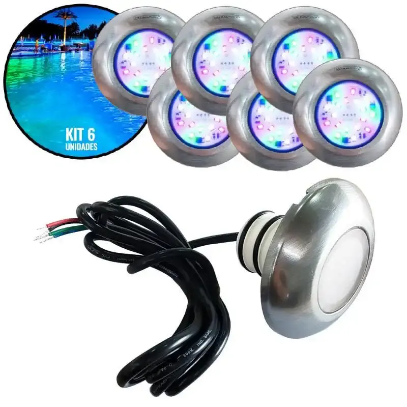 Refletor LED RGB inox para piscina em ABS kit 6 unidades 905261 Fluidra — fotografia de referência