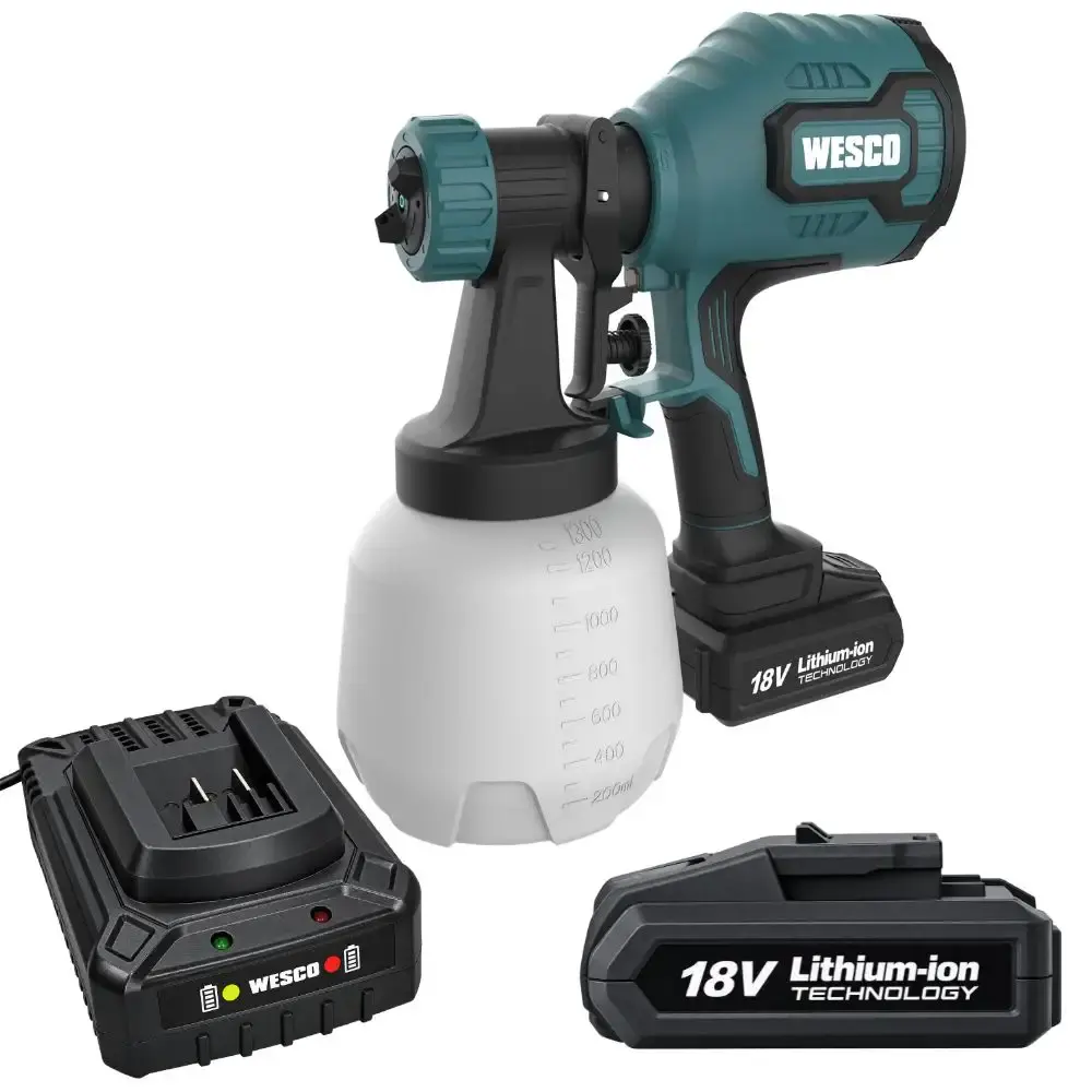 Pistola de pintura a bateria 18V com bateria WS9970 e carregador WS9969 Wesco — fotografia de referência