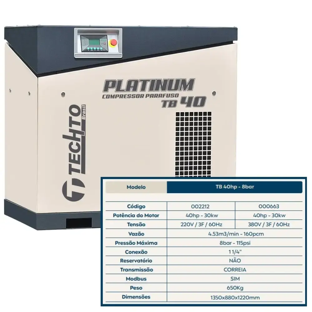 Compressor de parafuso platinum 40HP 8BAR 220V TB40 techto — fotografia 5