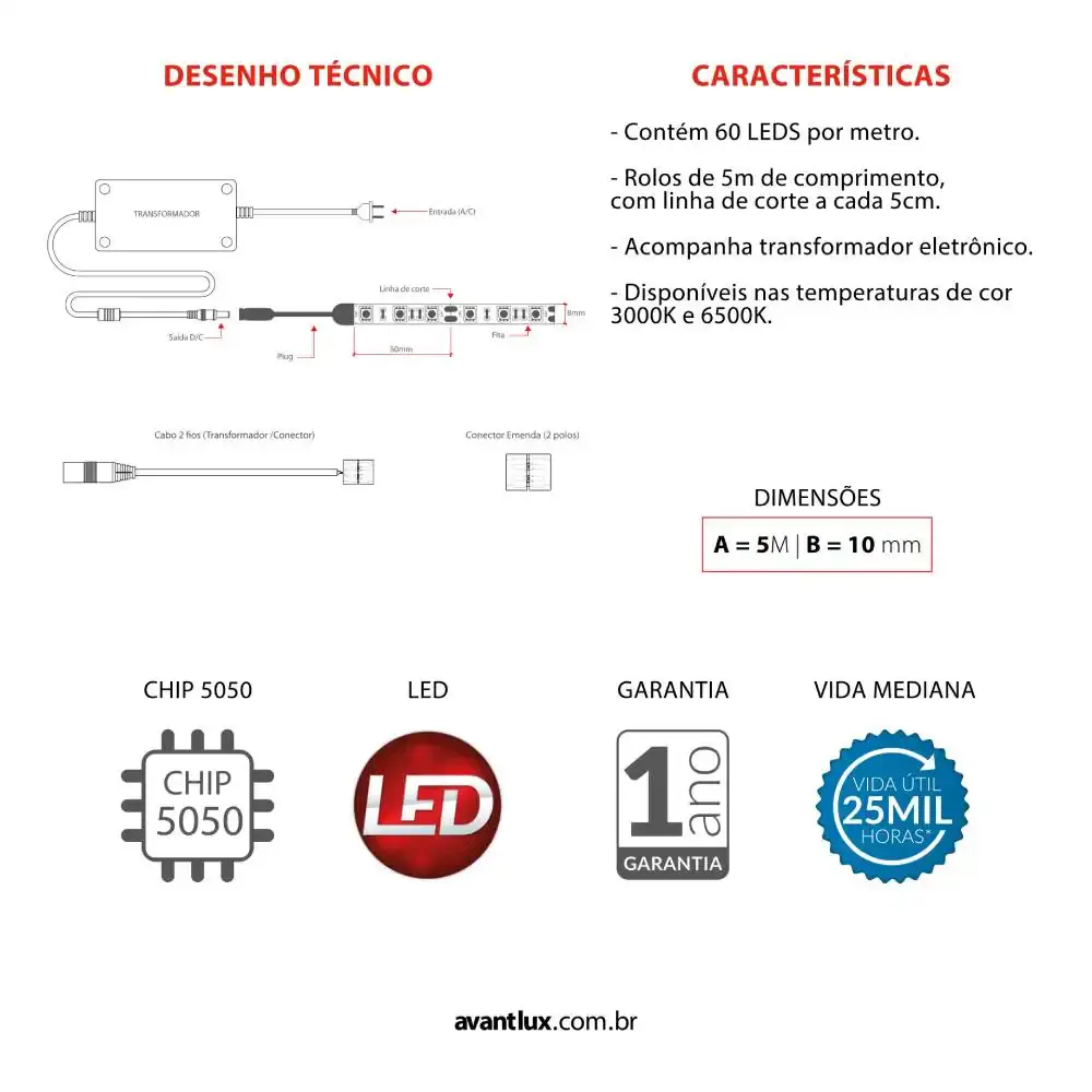 Fita led interna 5 metros 12V branco quente 4,8 w/m Avant — fotografia 3