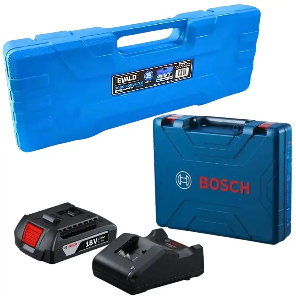 Chave impacto 18V 1/4 POL com 2 baterias 18V maleta Bosch e jogo soquetes 15 pçs evald — fotografia 2