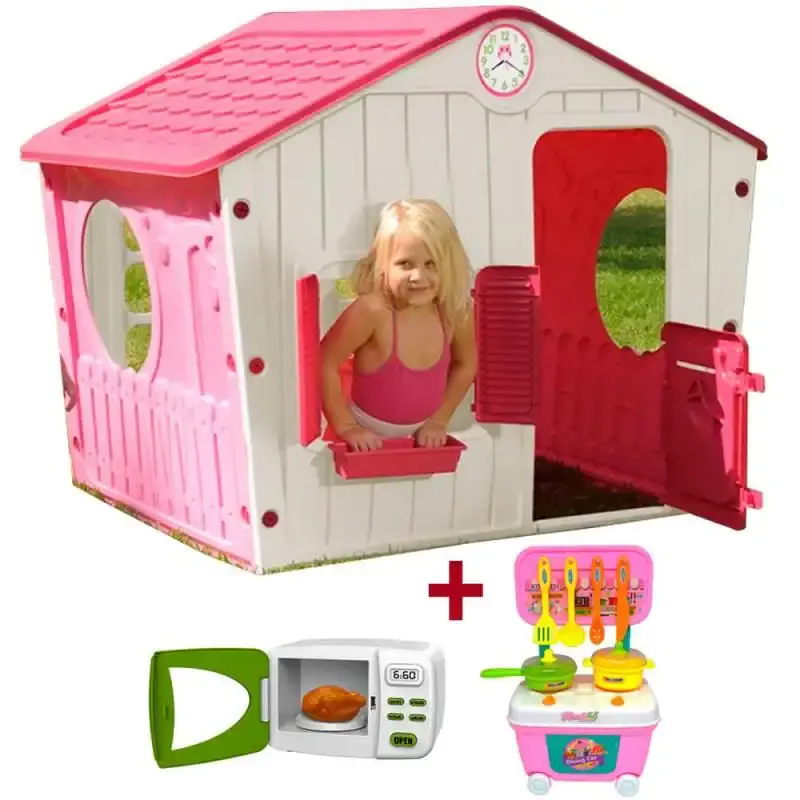 Casinha de brinquedo pink + mini micro-ondas + mini kit chef BEL — fotografia de referência
