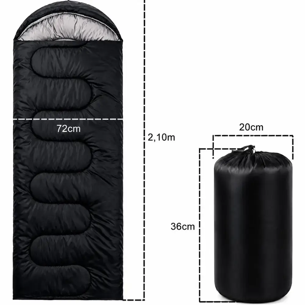 Saco de Dormir Camping Pesca Impermeável Confortável 2,10 x 72 CM c/ Capuz e Bolsa ZELT Preto — fotografia 11