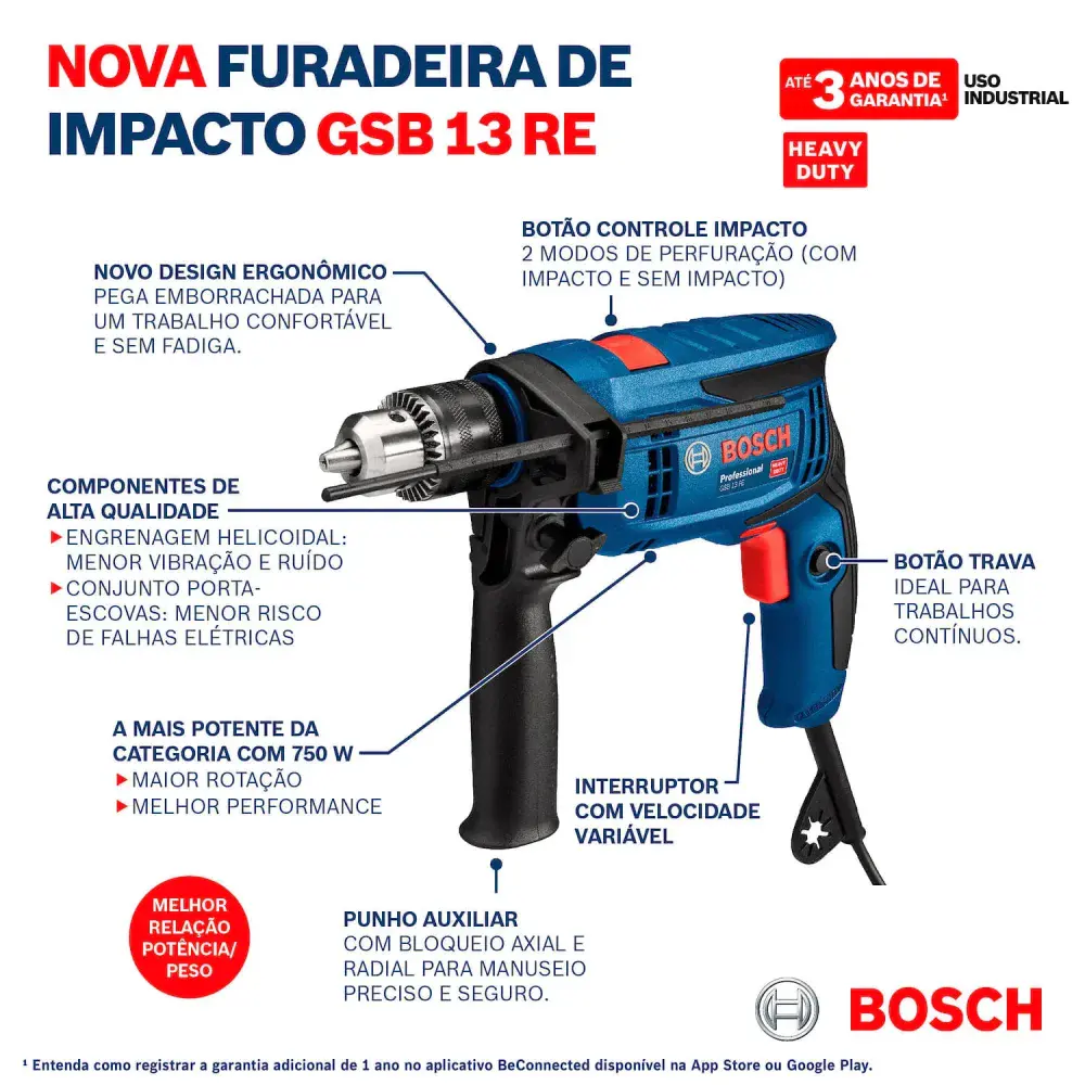 Furadeira de impacto reversível GSB-13RE 650W 750W Bosch — fotografia 12