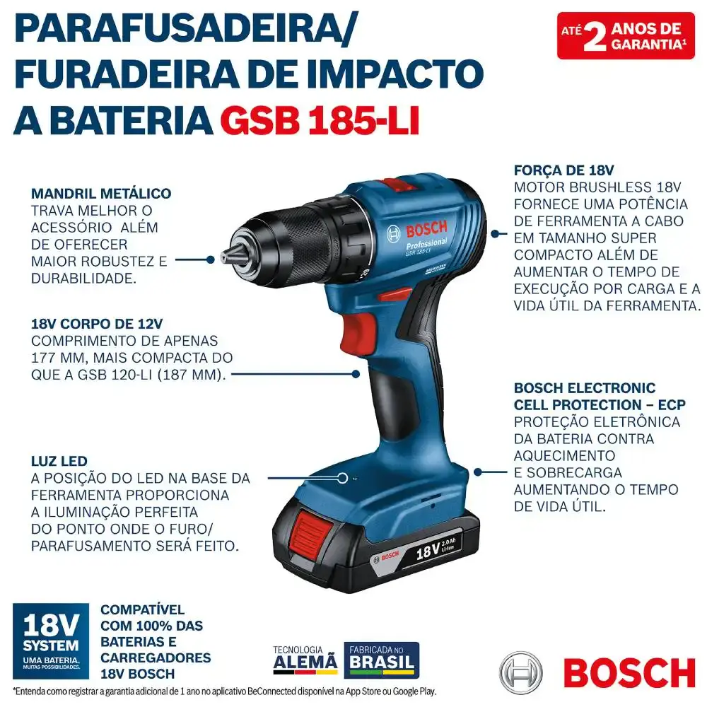 Parafusadeira furadeira impacto 18V 2 baterias GSB185-LI Bosch + 33 peças x-line Bivolt — fotografia 7