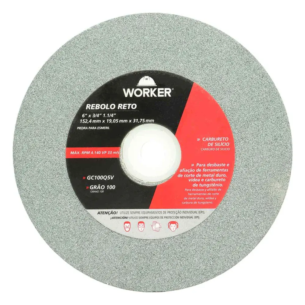 Rebolo reto para afiação 6 x 3/4 x 1.1/4 grão 100 Worker