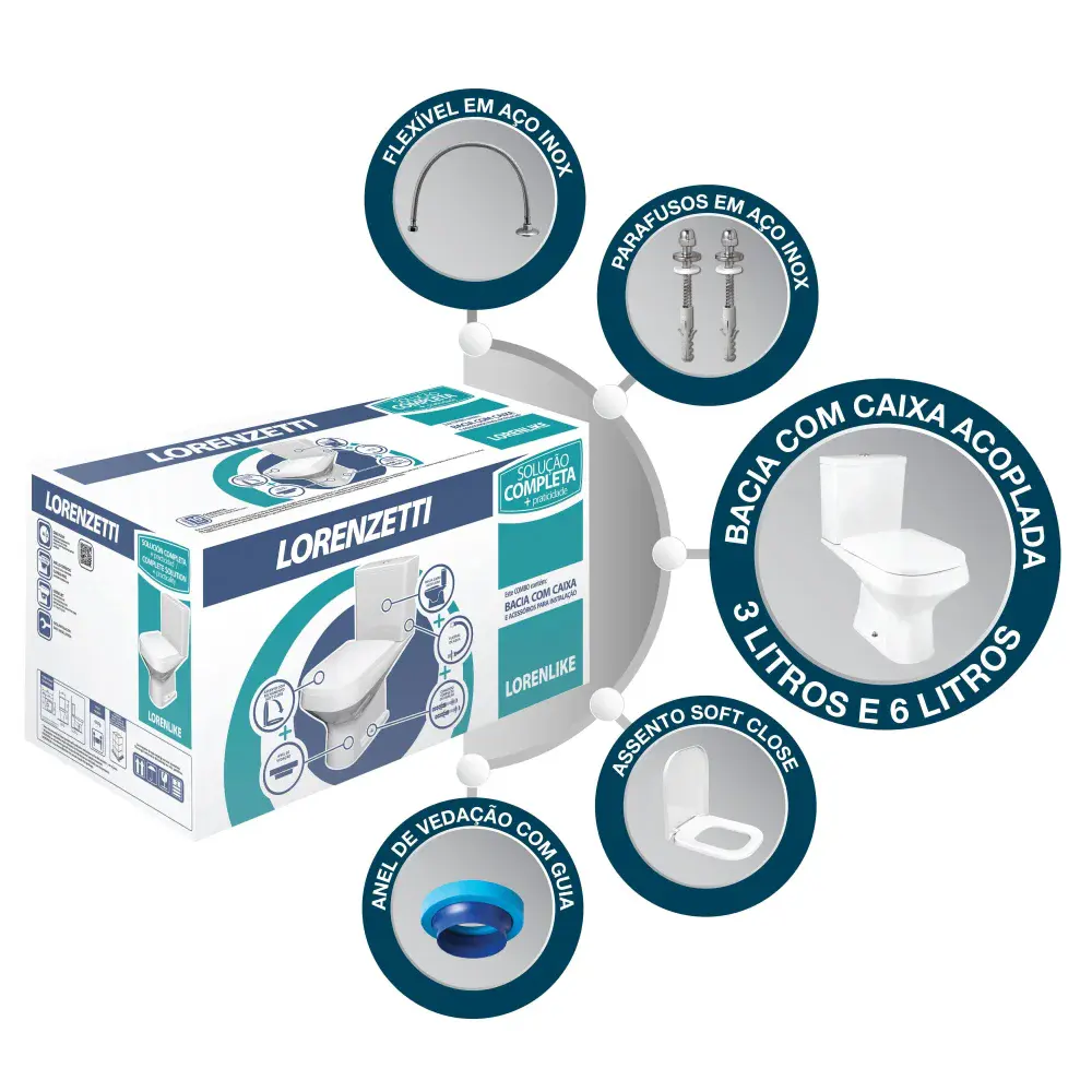 Kit bacia e caixa acoplada like 3/6L completo lorenzetti Lorenzetti Duchas — fotografia 3