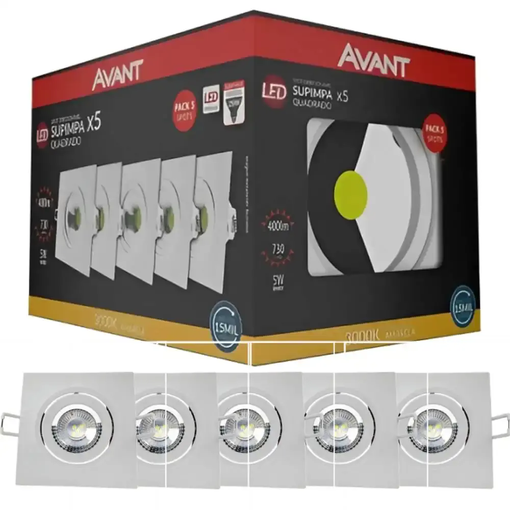 Kit 5 spots lâmpadas led quadrada 5W 3000K embutir Avant — fotografia de referência