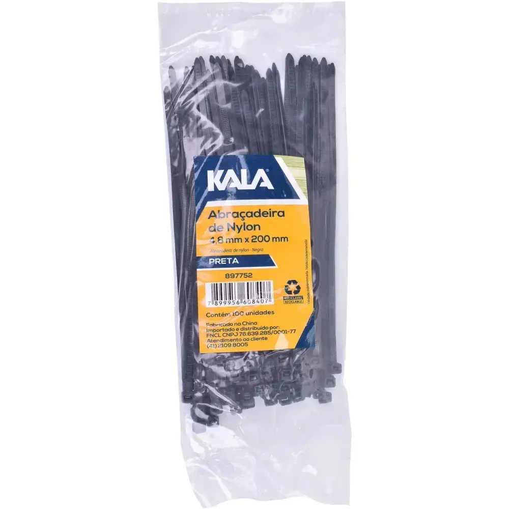 Abraçadeira nylon 4,8MM x 200MM preta 100 peç Kala — fotografia de referência