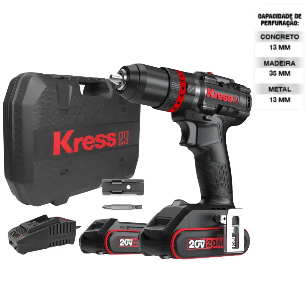 Furadeira de impacto brushless 20V 1/2 POL 75NM com 2 baterias carregador e maleta Kress — fotografia de referência