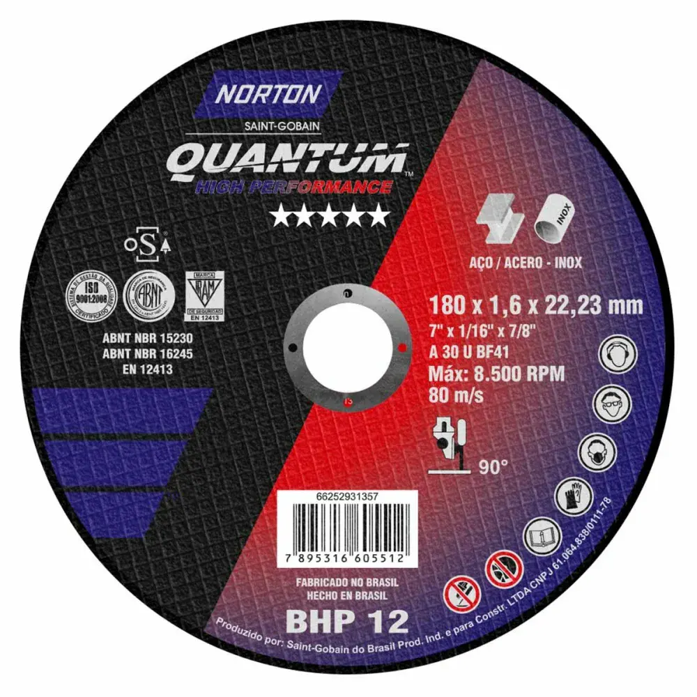 Disco de corte reto para inox quantum BHP12 180X1.6MM Norton — fotografia de referência