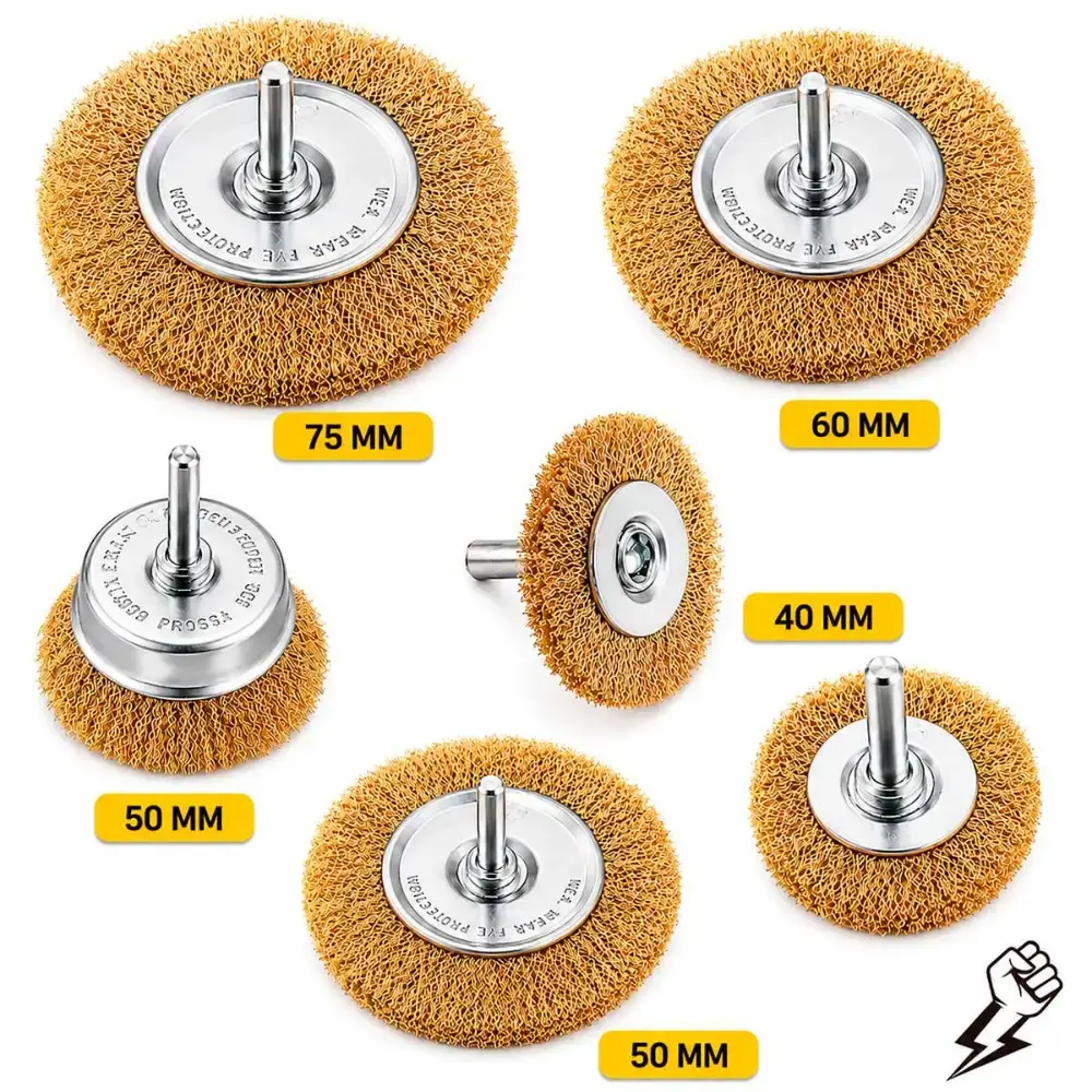 Jogo de Escovas de Aço Circular Kit 6 Peças 40-75 MM Haste 25 MM p/ Furadeira Parafusadeira EVALD — fotografia 6