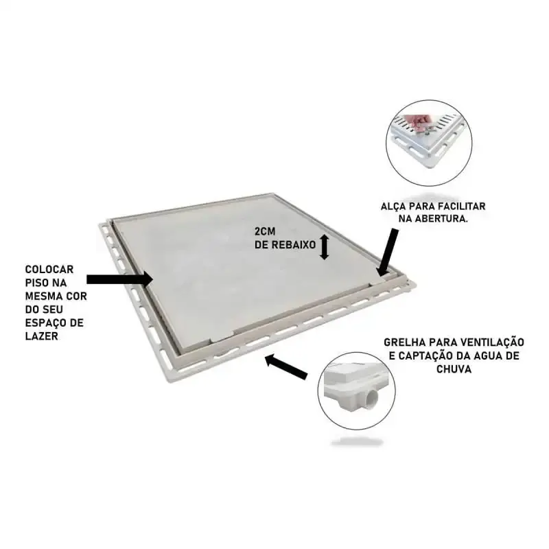 Tampão 90 x 90 CM Rebaixado Articulado Grelha Invisível p/ Casa Máquinas Piscinas 371903 Cinza GDA — fotografia 6