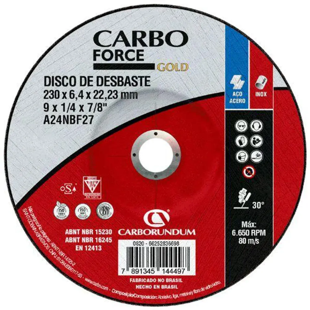 Disco de desbaste T27 115X6,4X22,23MM force gold carbo Carborundum