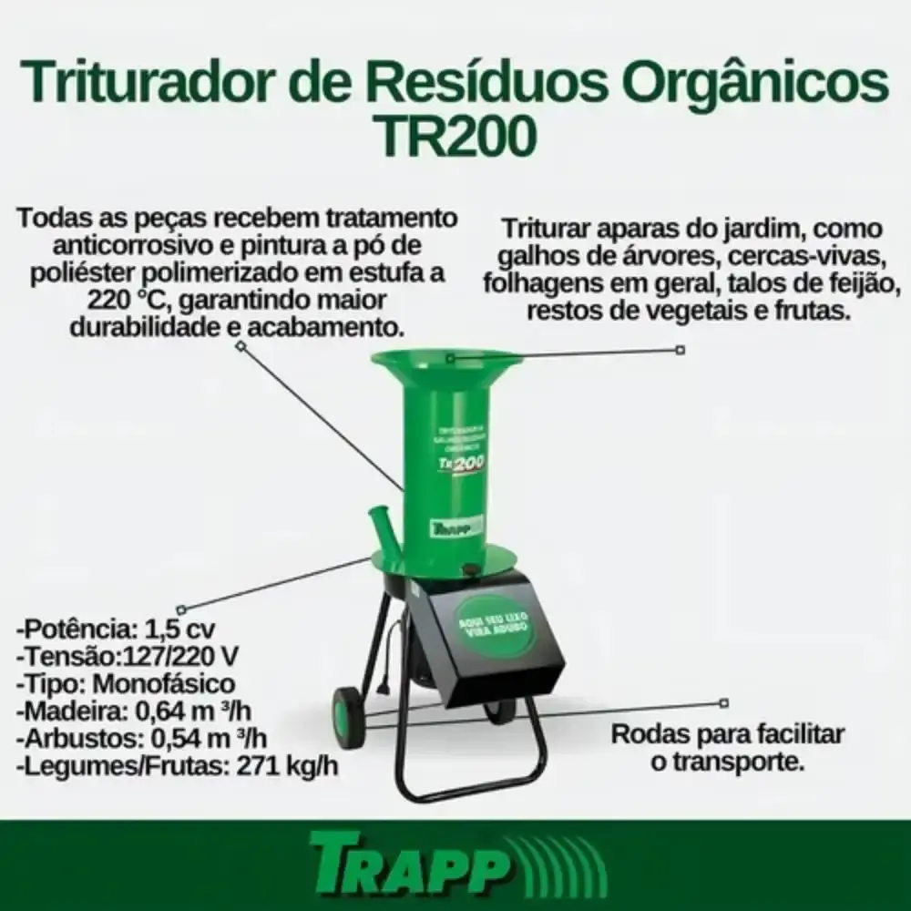 Triturador de resíduos orgânicos elétrico 1,5 cavalos monofásico TR-200 110 VOLTS/220 volts Trapp — fotografia 3