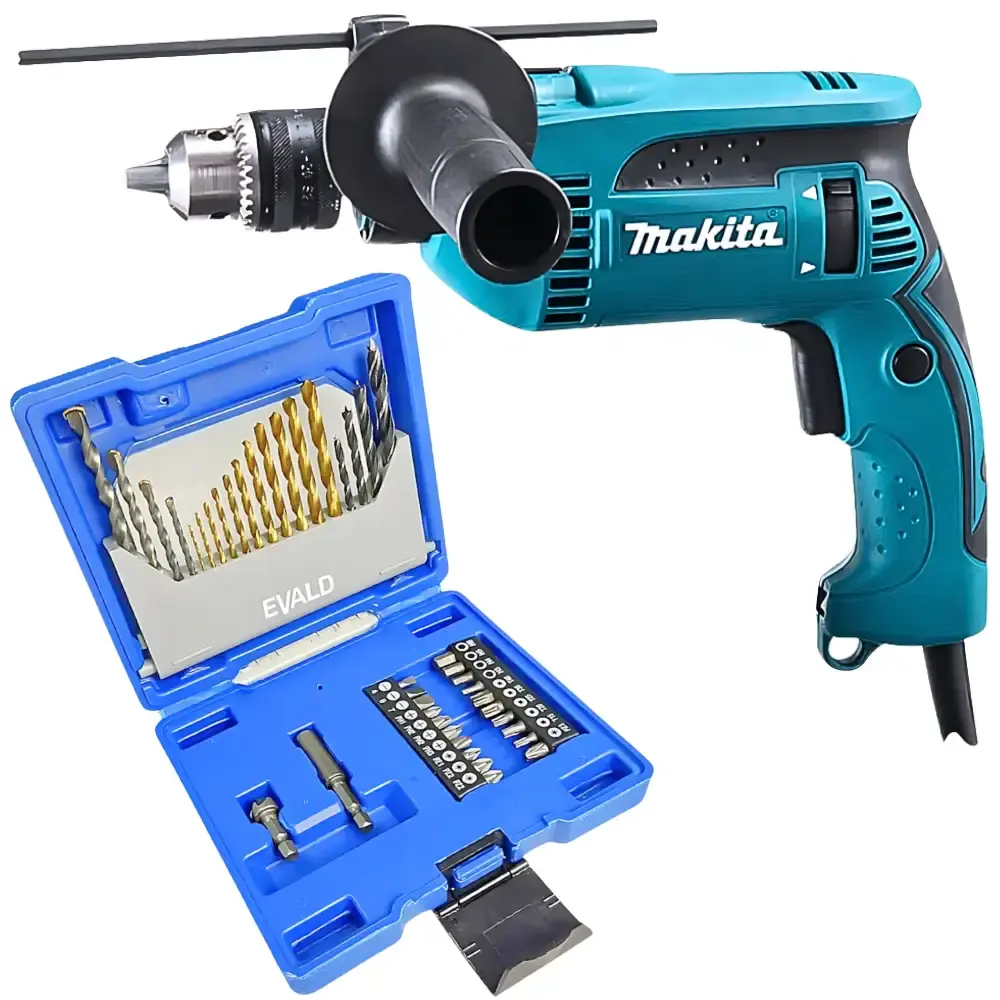 Furadeira de impacto 1/2 POL 760W Makita e estojo 41 peças brocas e pontas evald — fotografia de referência