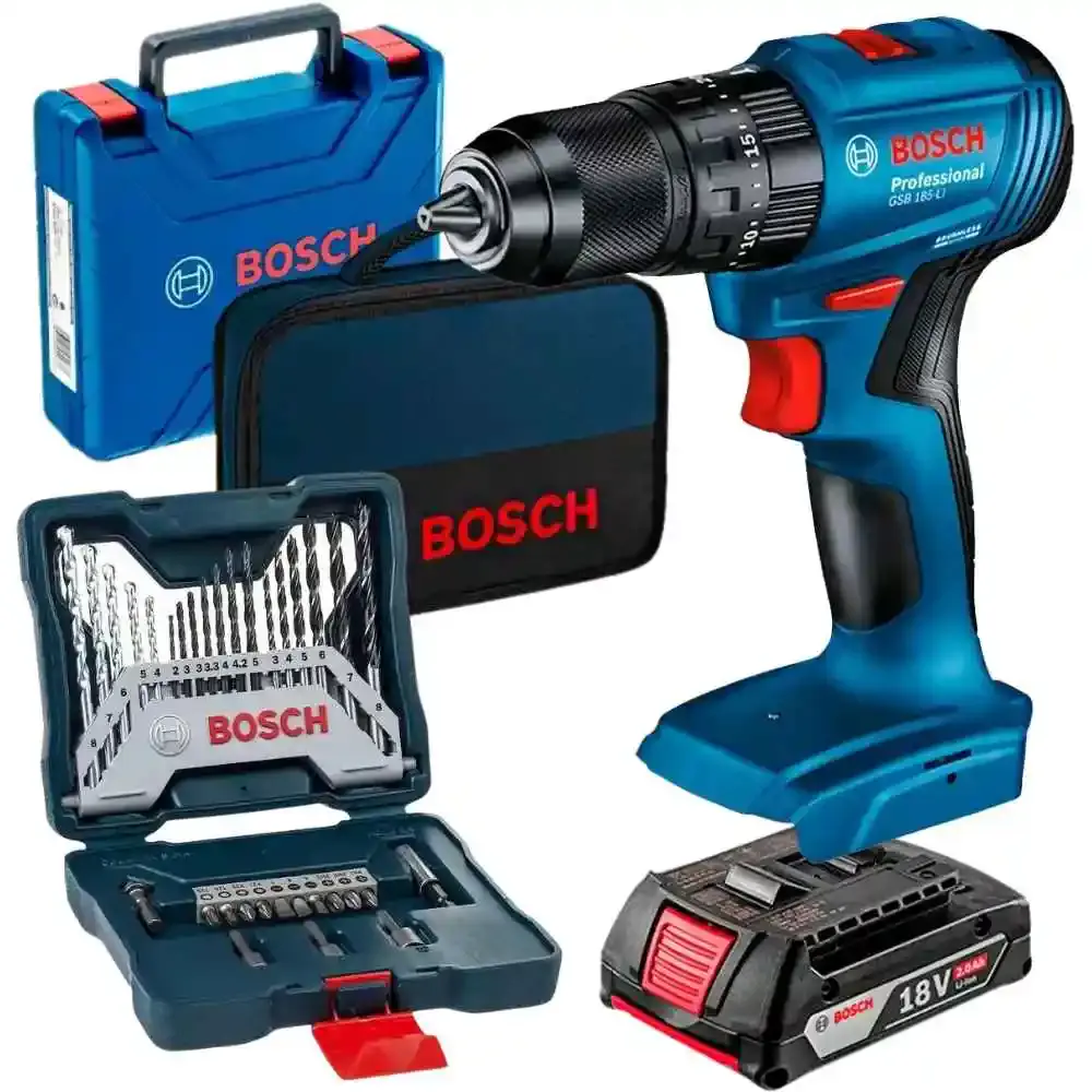 Parafusadeira de impacto a bateria 18V com maleta bateria 2.0AH bolsa e kit de pontas 33 peças Bosch Bivolt — fotografia de referência