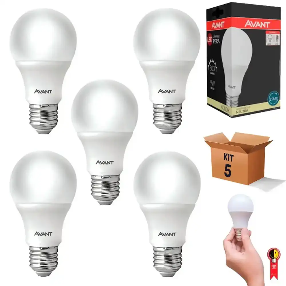 Kit 5 lâmpadas led 9W 4000K branca casa comércio Avant