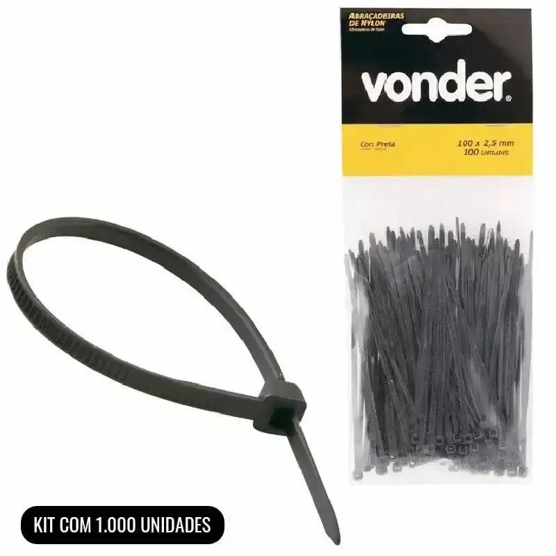 Abraçadeira de Nylon 100 x 2.5 MM Kit c/ 1.000 Unidades Preto VONDER — fotografia de referência