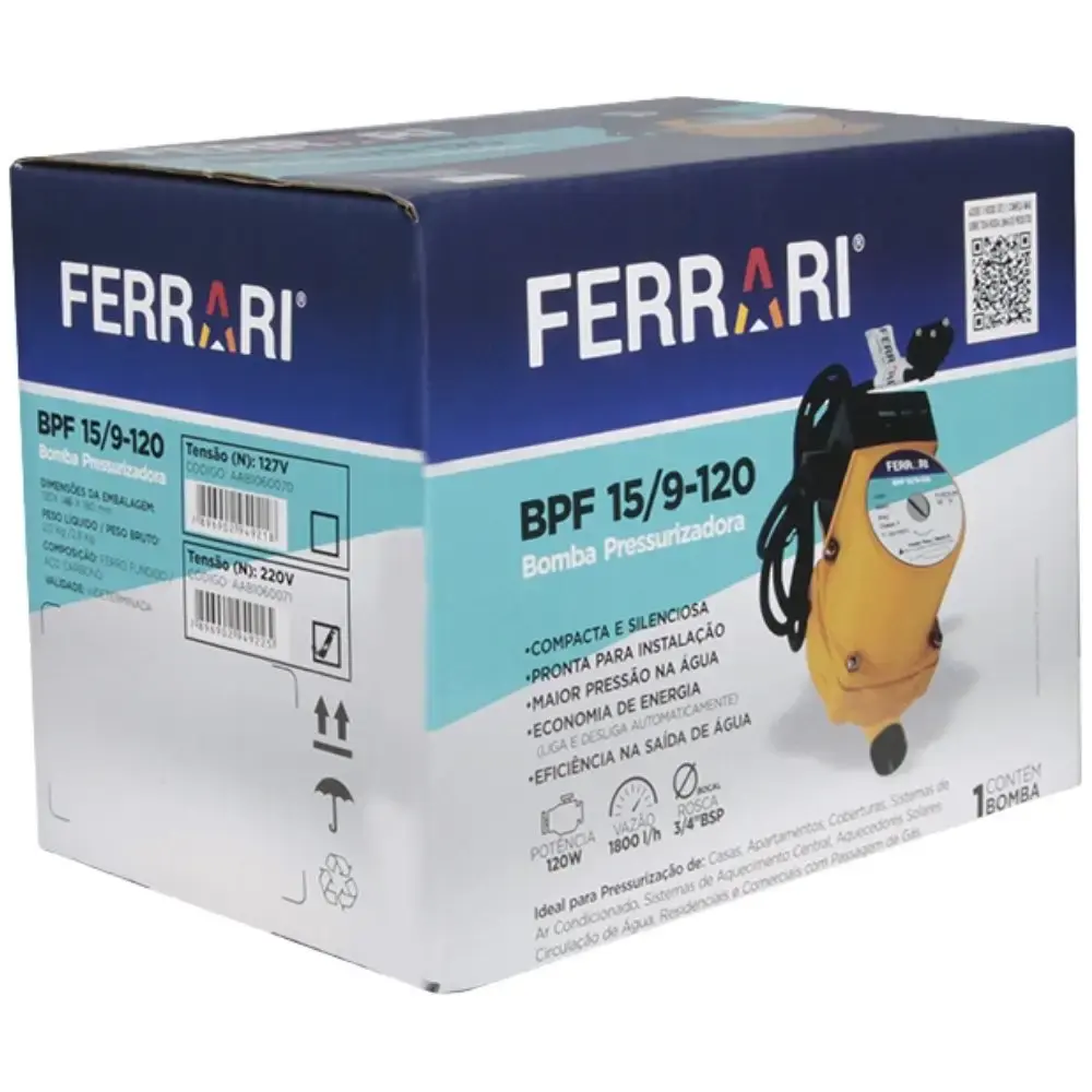 Bomba pressurizadora residencial 120W 1/6CV BPF15/9-120 Ferrari 110 V — fotografia 6