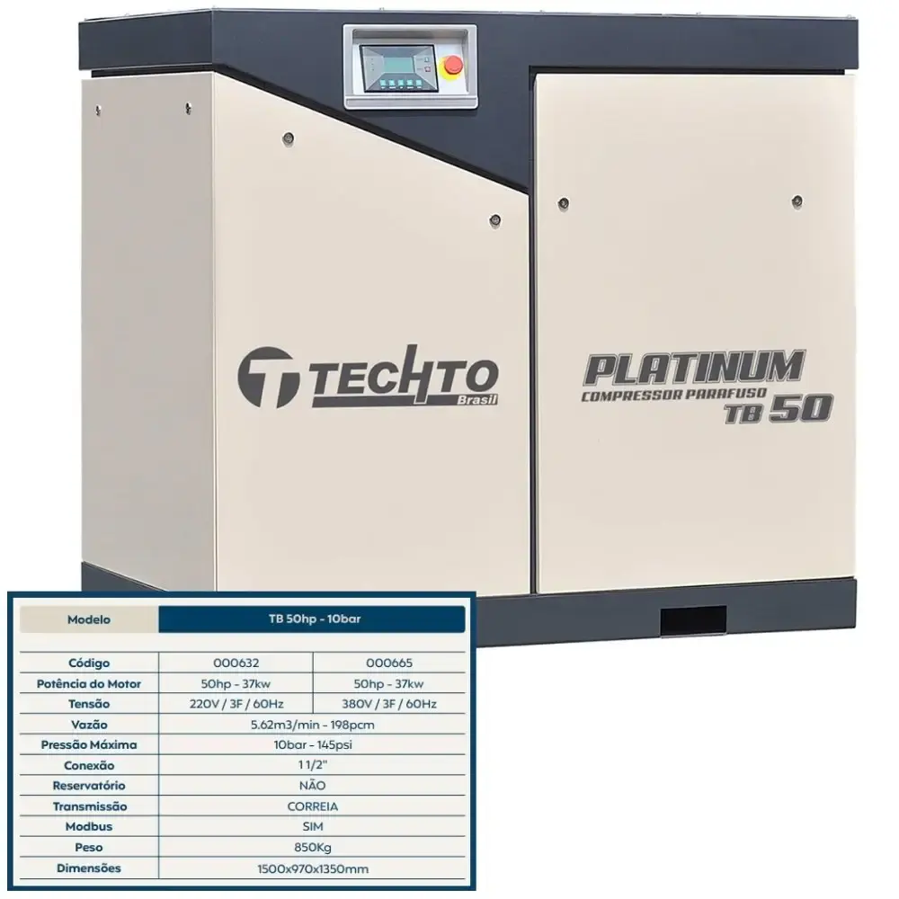 Compressor de parafuso platinum 50HP 10BAR 220V TB50 techto — fotografia 5