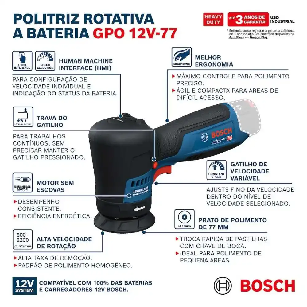 Politriz rotativa a bateria 12V 77 MM sem bateria e carregador GPO 12V-77 Bosch — fotografia 8