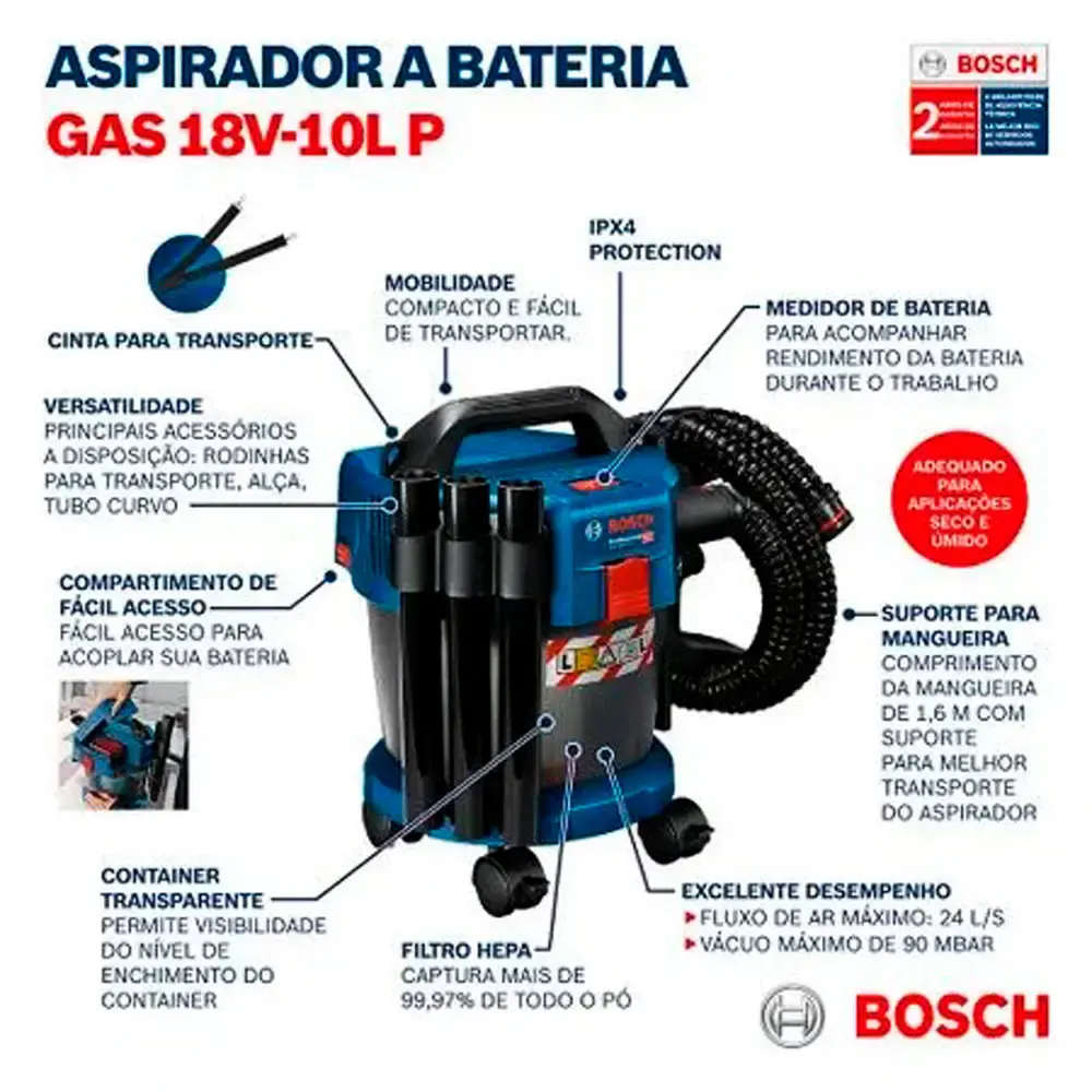 Aspirador de pó à bateria 18V GAS18V-10L 2 baterias 4,0AH, carregador bivolt e bolsa Bosch — fotografia 5