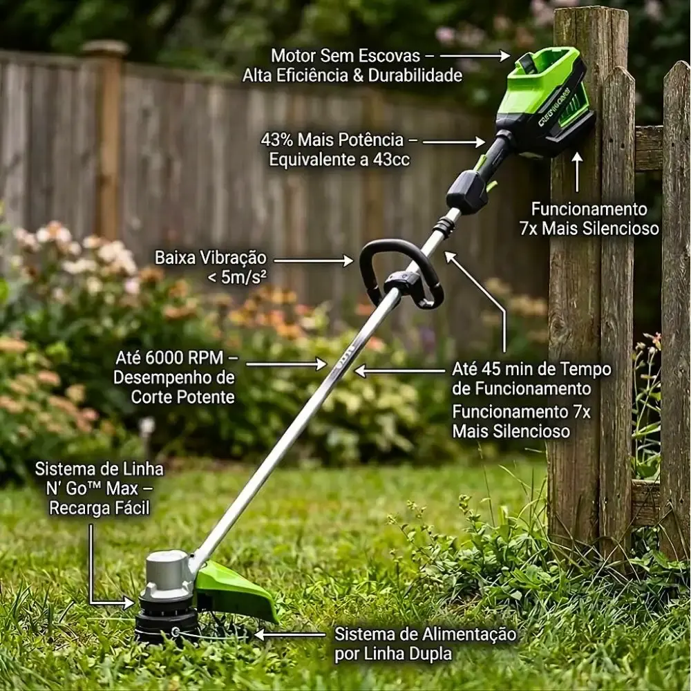 Roçadeira 82V + aparador de cerca viva + 2 baterias 4,0AH + carregador bivolt Greenworks — fotografia 6