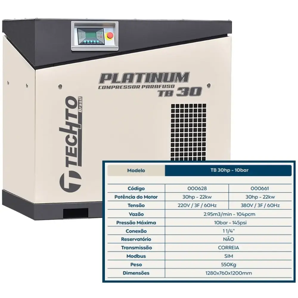 Compressor de parafuso platinum 30HP 10BAR 380V TB30 techto — fotografia 5