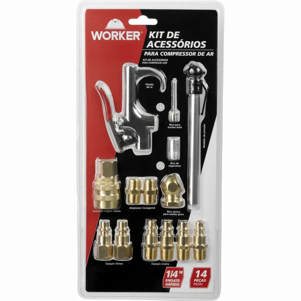 Kit de acessórios Worker 1/4" para compressor 14 peças