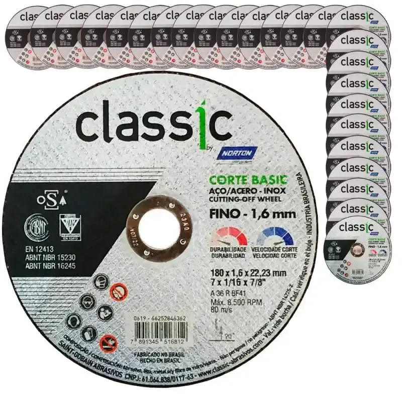 Disco de Corte 7 POL x 1.6 MM Aço Inox Furo 7/8 POL Classic Corte Basic Kit 25 Peças NORTON — fotografia de referência