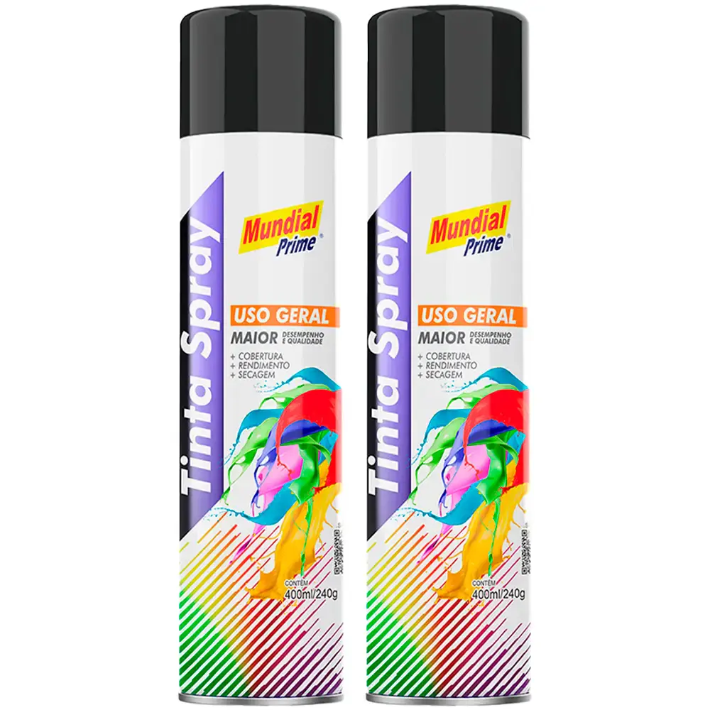Tinta Spray 400 ml Preto Brilhante com 02 Uni Mundial Prime — fotografia de referência