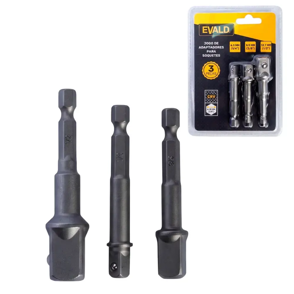 Jogo de adaptadores para soquetes kit com 3 peças 1/4 - 3/8 - 1/2 POL Evald — fotografia de referência