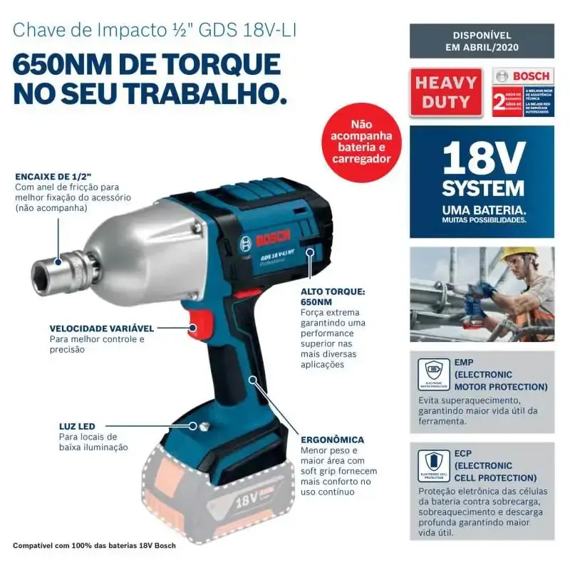 Chave de Impacto 18V 1/2 POL 650Nm 18V GDS 18V-LI HT s/ Bateria e Carregador BOSCH — fotografia 4